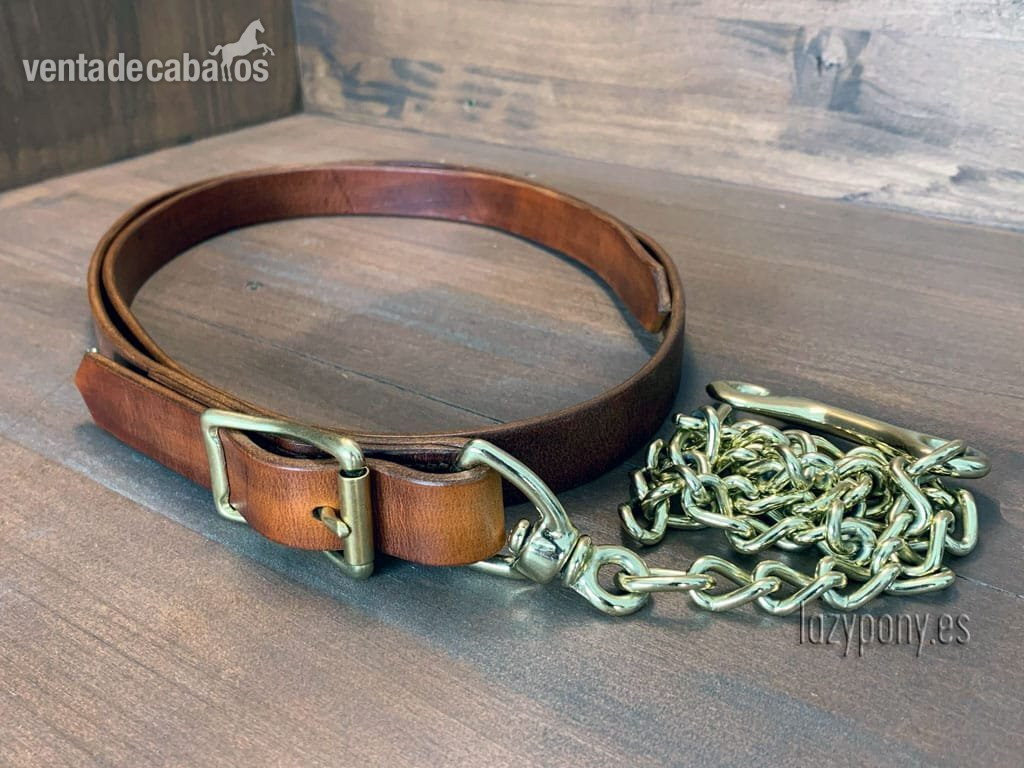 Ramal Lazypony clásico de cuero con cadena. leather lead rope with chain Lazypony - Artículos de hípica